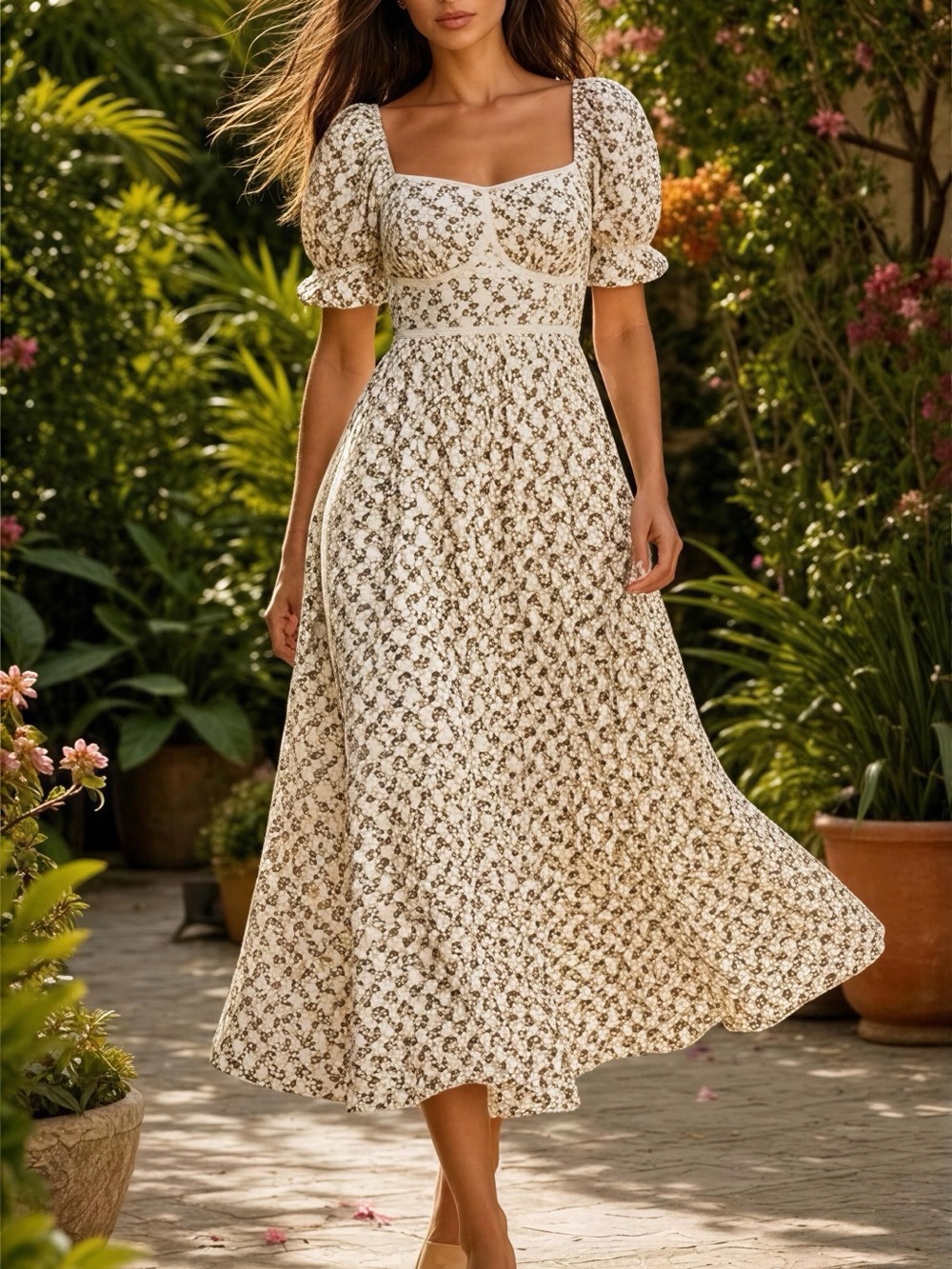 J GEE Ivory Brown Floral Puff Sleeve Smocked Square Neck Midi Dress M